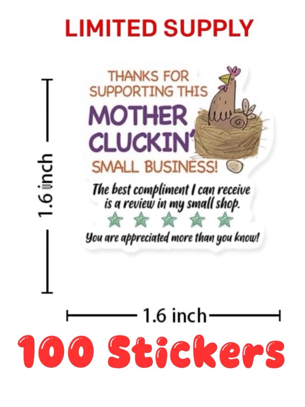 Pack of 100 "Cluckin' Small Business" Thank You Stickers Shipping Labels